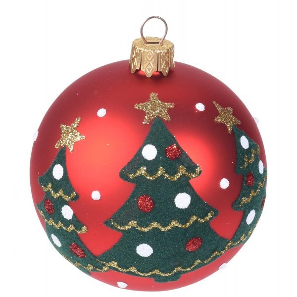 Χριστουγεννιάτικη Μπάλα Κόκκινη με Δεντράκια (8cm)